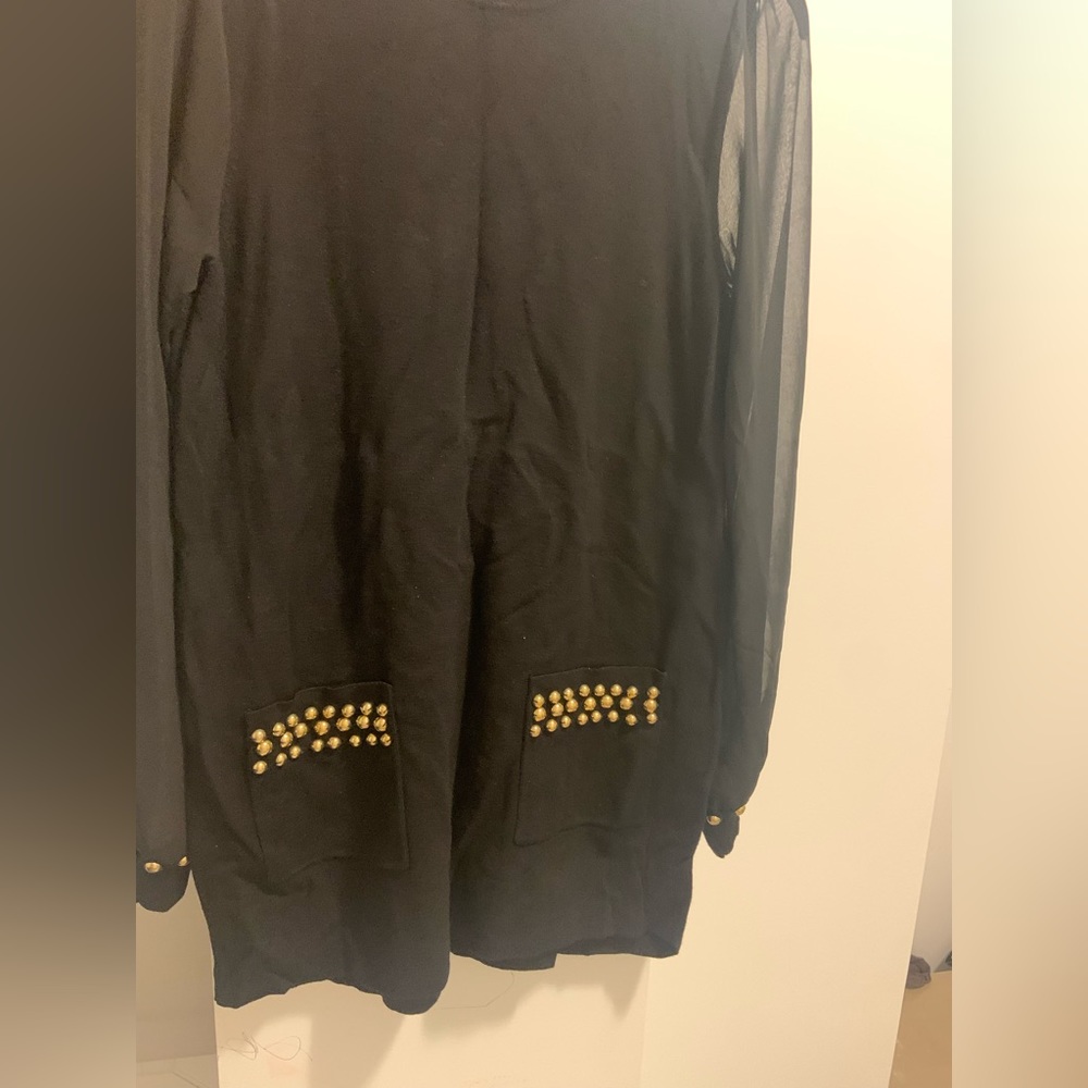 I.N.Cinternational concept black sheer long sleeve mini dress gold button pocket